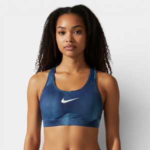 NIKE Sports Bra Women Size Small Blue Stripe Swoosh Print Racerback Sporty Gym